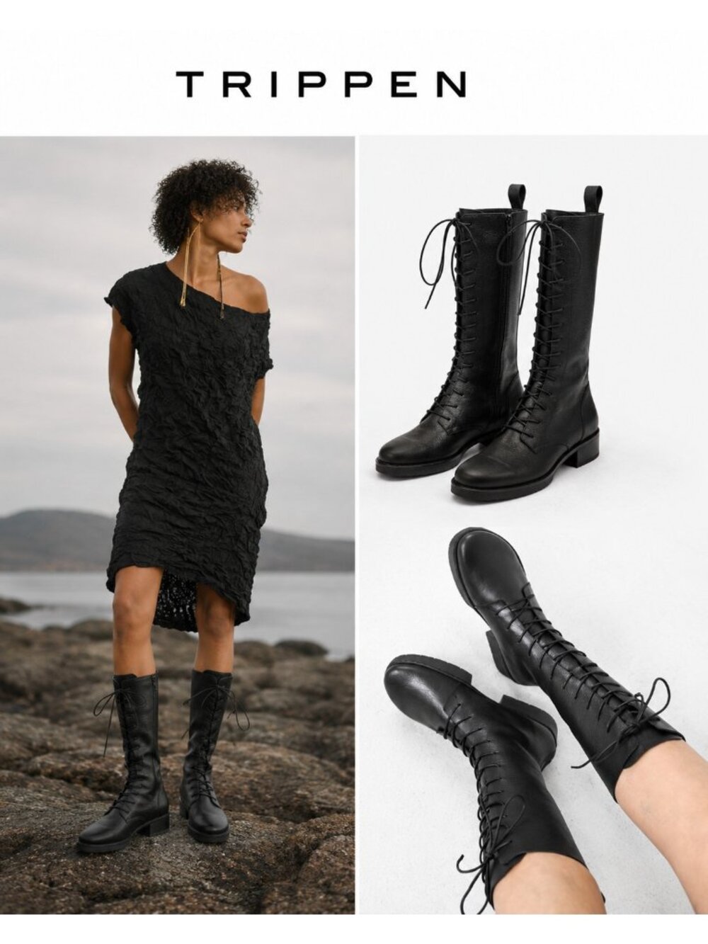 Trippen Rush F Black Leather Knee High Lace Up Boots EU 37 Made in Germany